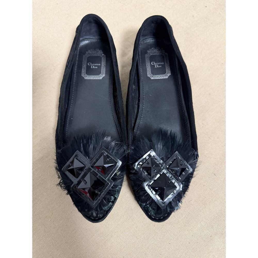 Christian Dior Shoes Womens Size 6.5 Black Suede Jeweled Feather Flats Loafers